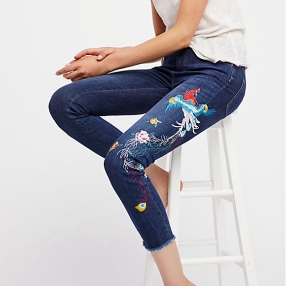 Free People Denim - Free People high rise embroidered bird jeans. 28